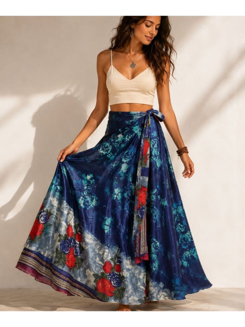 Reversible Sari Silk Magic Wrap Skirt Blue Boho Festival Hippie Maxi India OS